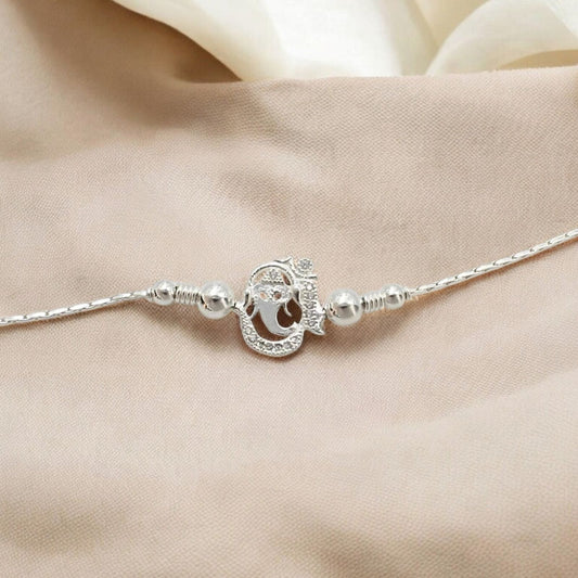 925 Real Silver Bracelet White cz Ganesha Rakhi  7.5"