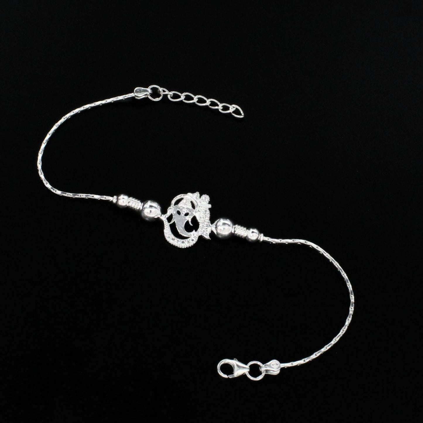 925 Real Silver Bracelet White cz Ganesha Rakhi  7.5"
