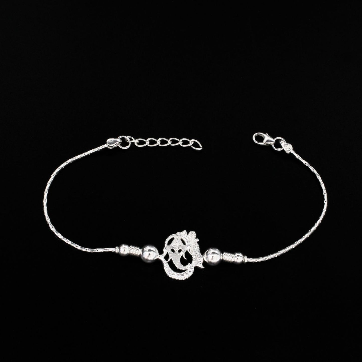 925 Real Silver Bracelet White cz Ganesha Rakhi  7.5"