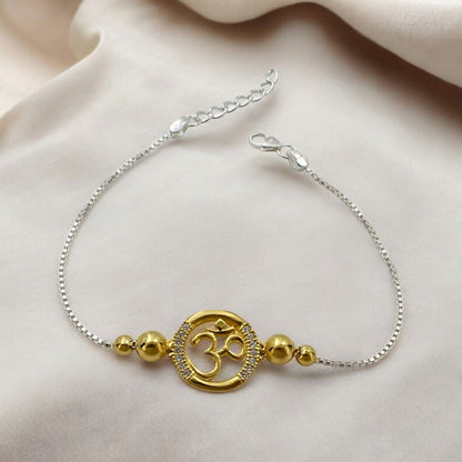 925 Real Silver White Cz Golden Tone Bracelet Om Rakhi 7.8"