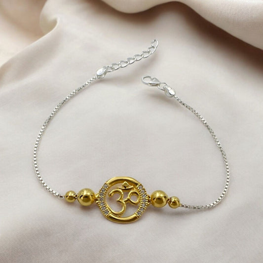 925 Real Silver White Cz Golden Tone Bracelet Om Rakhi 7.8"