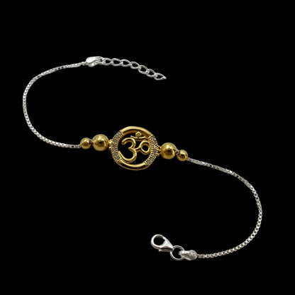925 Real Silver White Cz Golden Tone Bracelet Om Rakhi 7.8"