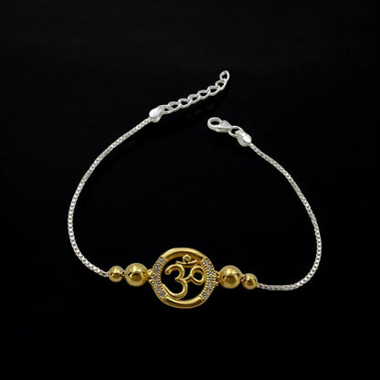 925 Real Silver White Cz Golden Tone Bracelet Om Rakhi 7.8"