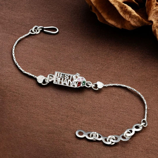 Real Silver Bracelet CZ Best Bhaiya Peacock Rakhi 6.2"