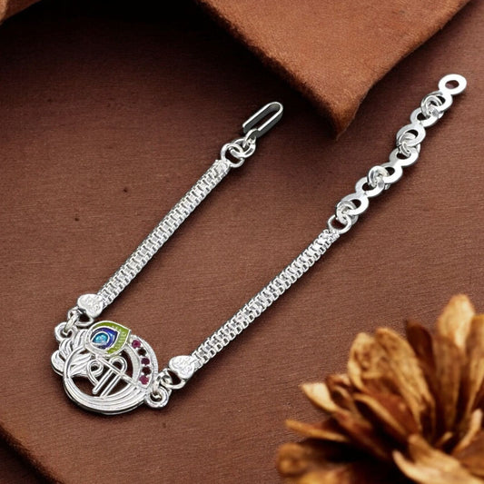 Real Silver Bracelet cultural design Green Pink CZ Rakhi 6"
