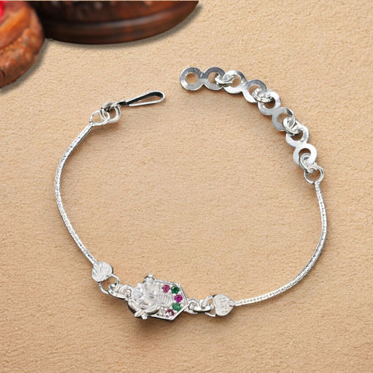 Real Silver Bracelet CZ Ganesha Rakhi 6"