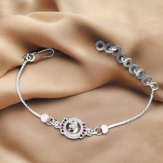 Real Silver Bracelet handmade Multi CZ Ganesha Rakhi 5.8"