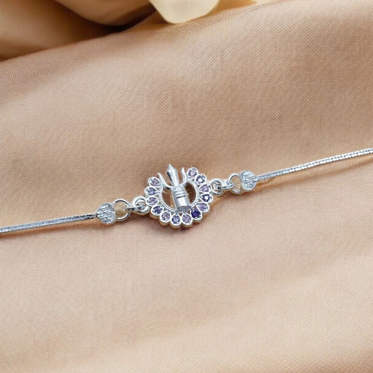 Real Silver Bracelet CZ religious design Rakhi 6"