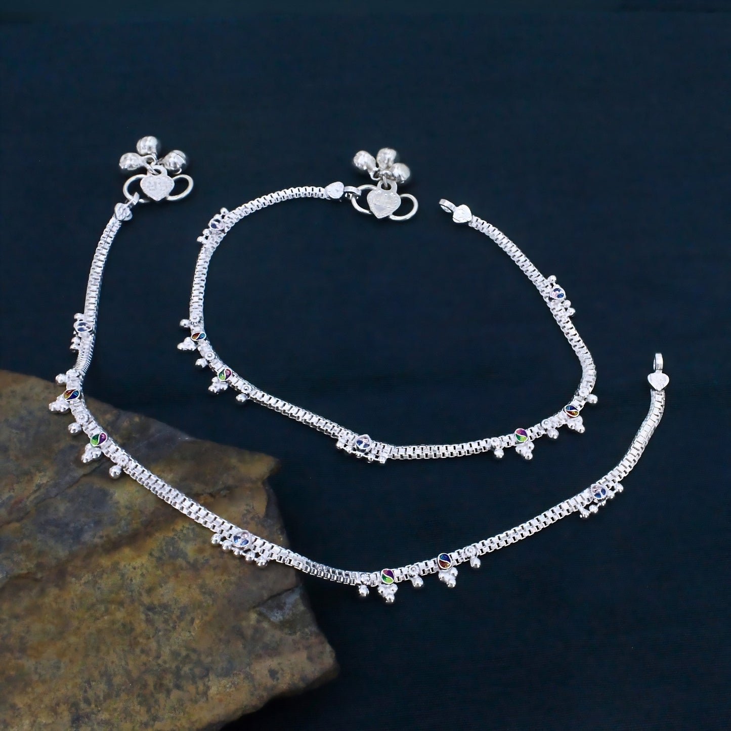 Real Silver Chandi Ki Payal -  Pink CZ Drop Hanging Charm Anklet