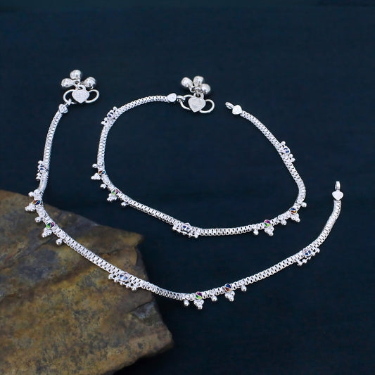 Real Silver Chandi Ki Payal -  Pink CZ Drop Hanging Charm Anklet