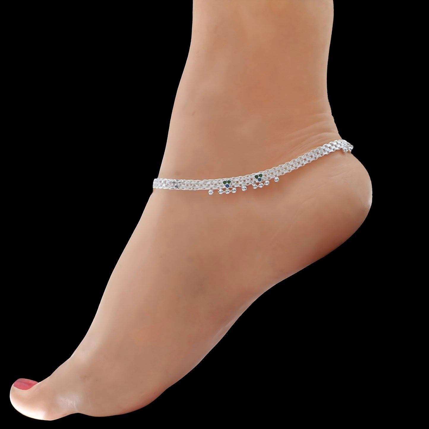 Real Silver Multi CZ Traditional Janjhar Anklet for women 10.3in