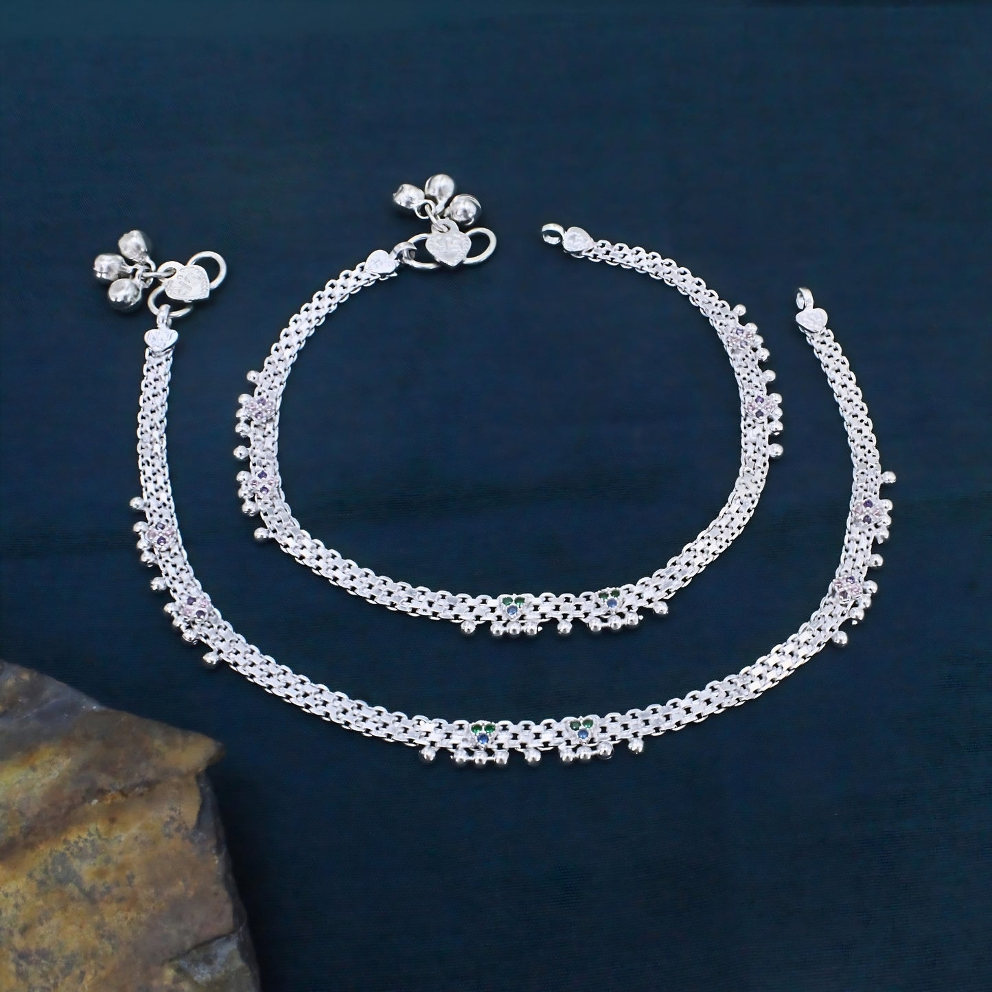 Real Silver Multi CZ Traditional Janjhar Anklet for women 10.3in