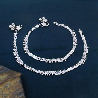 Real Silver Multi CZ Traditional Janjhar Anklet for women 10.3in