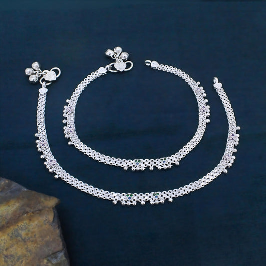 Real Silver Multi CZ Traditional Janjhar Anklet for women 10.3in