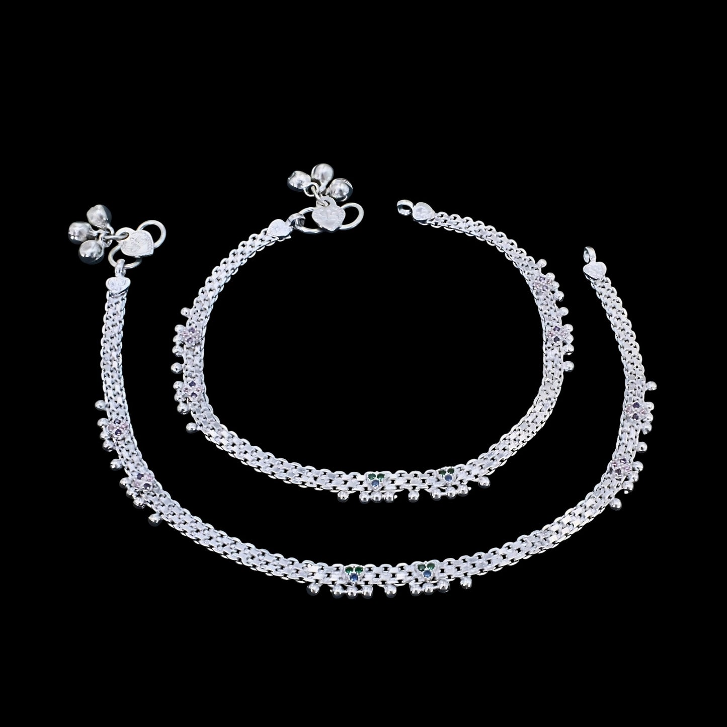 Real Silver Multi CZ Traditional Janjhar Anklet for women 10.3in