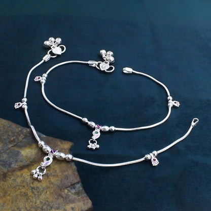 Real Silver Pink CZ Snake Chain Anklet - Payal for women 10.3in