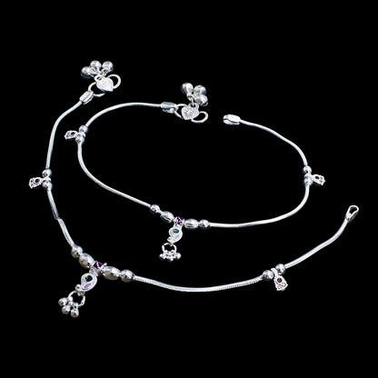 Real Silver Pink CZ Snake Chain Anklet - Payal for women 10.3in