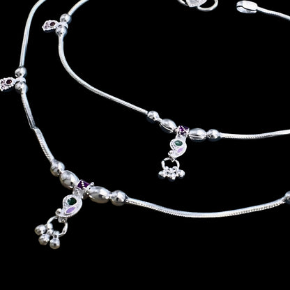 Real Silver Pink CZ Snake Chain Anklet - Payal for women 10.3in