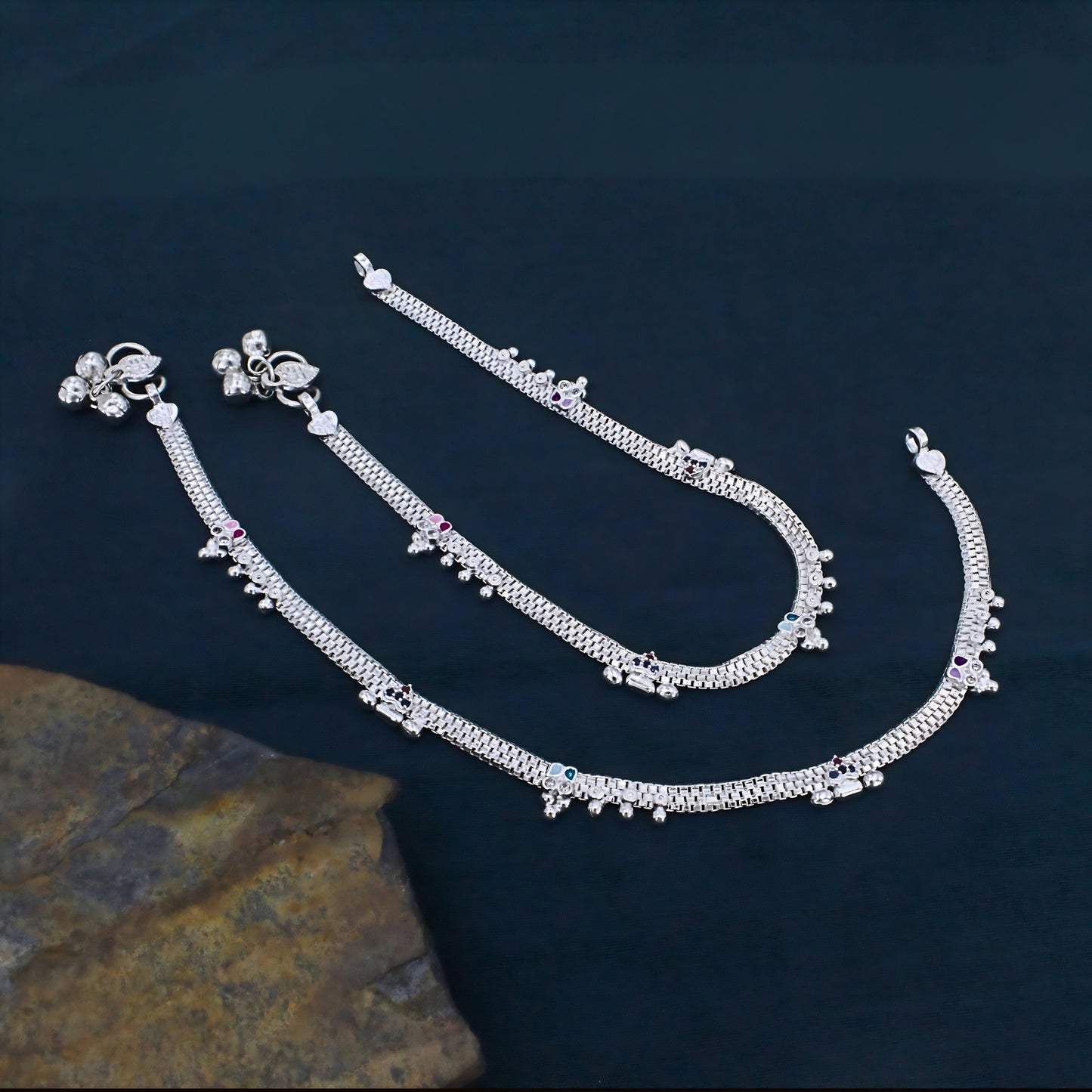 Real Silver Multi CZ Party Wear Pajeb Anklet for women 10.3in