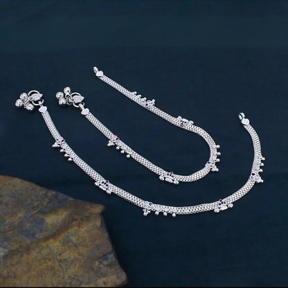 Real Silver Multi CZ Party Wear Pajeb Anklet for women 10.3in