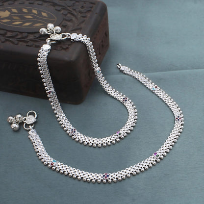 Real Silver Multi CZ Flexible Mesh Chain Payal Anklet for Women 10.3in