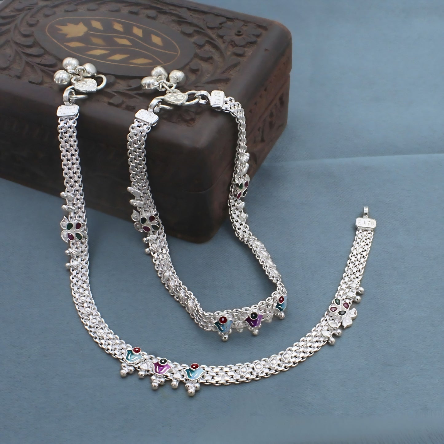 Elegant Real Silver Meenakari CZ Enamel Anklet Payal for Women