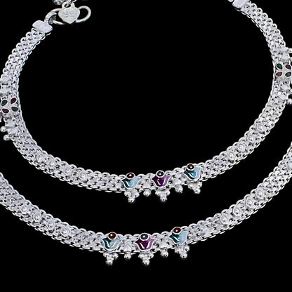 Elegant Real Silver Meenakari CZ Enamel Anklet Payal for Women