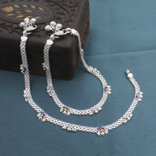 Stylish Real Silver Peacock Feather Jhanjhar Payal Anklet for Women