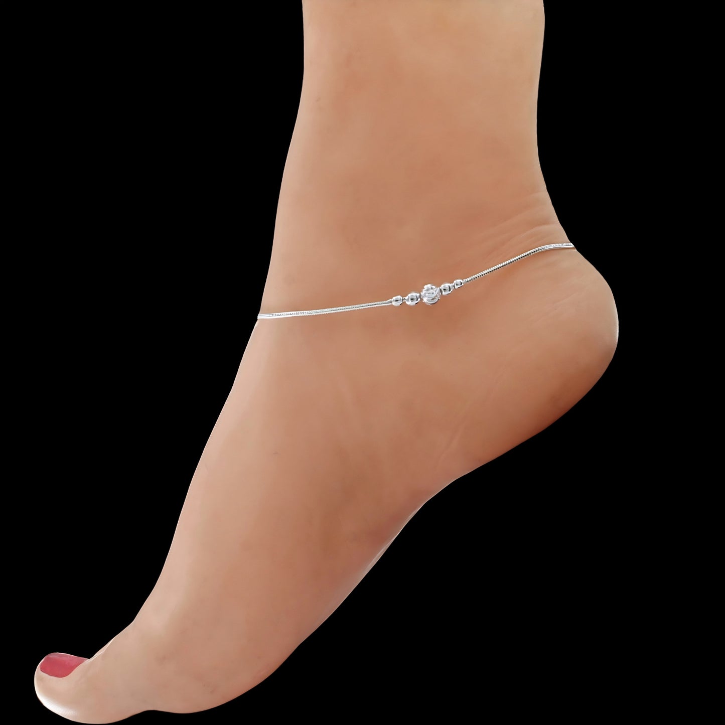Real Sleek Silver Snake Link Anklet with Silver Beads