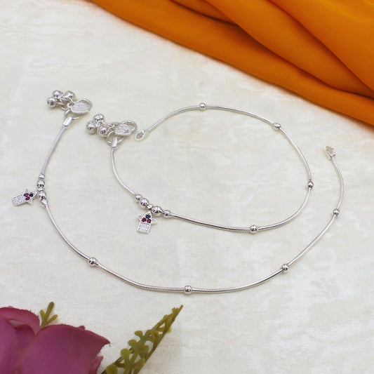 Real Silver Multi CZ Charm Payal Anklet for Women (10.3 in)