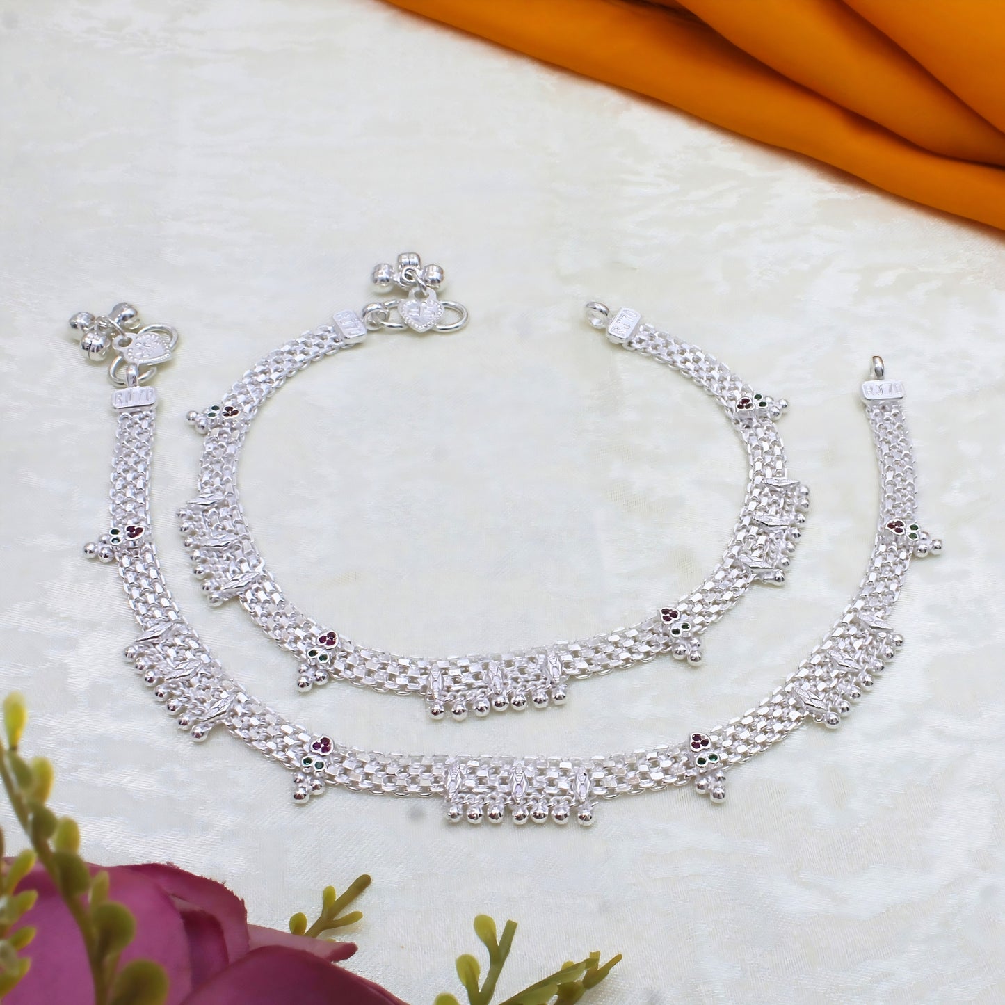 Real Silver Green Pink CZ Broad-Chain Pajeb Anklet - 10.5 in