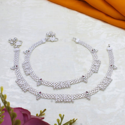 Real Silver Green Pink CZ Broad-Chain Pajeb Anklet - 10.5 in