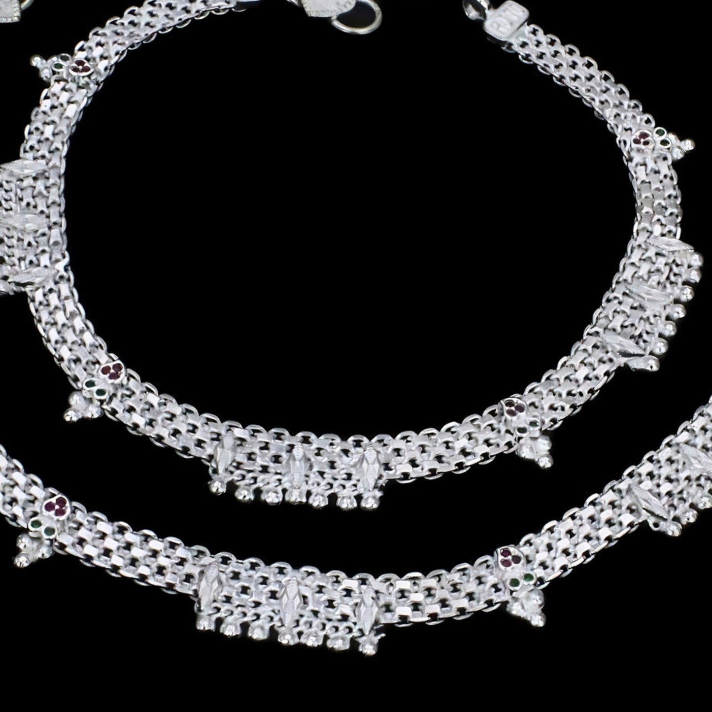 Real Silver Green Pink CZ Broad-Chain Pajeb Anklet - 10.5 in