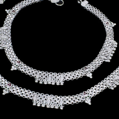 Real Silver Green Pink CZ Broad-Chain Pajeb Anklet - 10.5 in