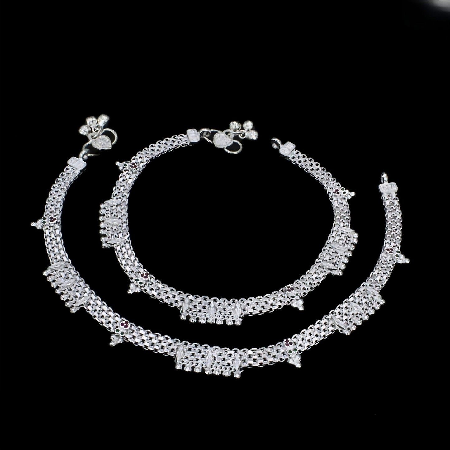 Real Silver Green Pink CZ Broad-Chain Pajeb Anklet - 10.5 in