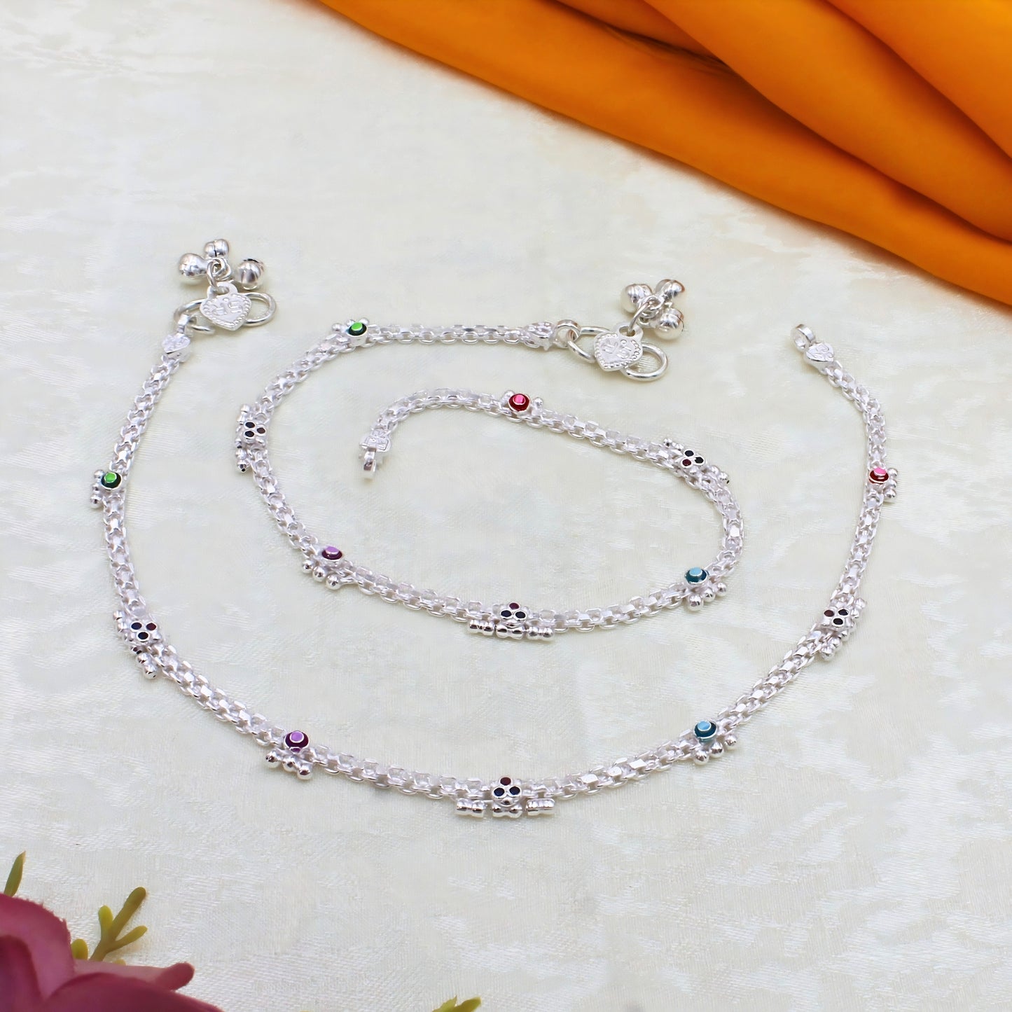 Stylish Real Silver Blue Pink CZ Anklet – Sleek Chain Payal Design