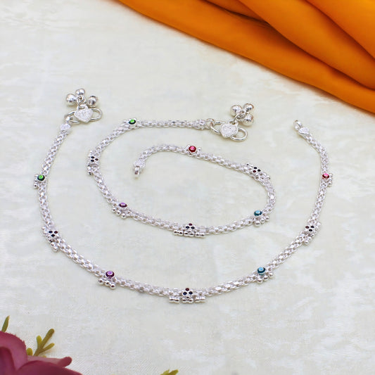 Stylish Real Silver Blue Pink CZ Anklet – Sleek Chain Payal Design