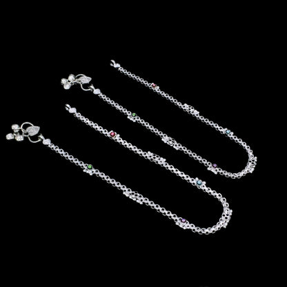 Stylish Real Silver Blue Pink CZ Anklet – Sleek Chain Payal Design