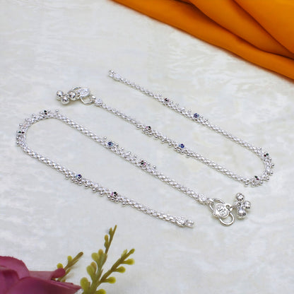 Real Silver Green Pink CZ Anklet Payal – Comfortable Daily Wear Jewelry