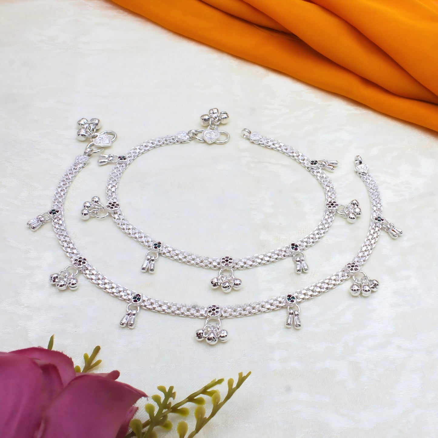 Real Silver Multi CZ Anklet Payal with Ghungroos