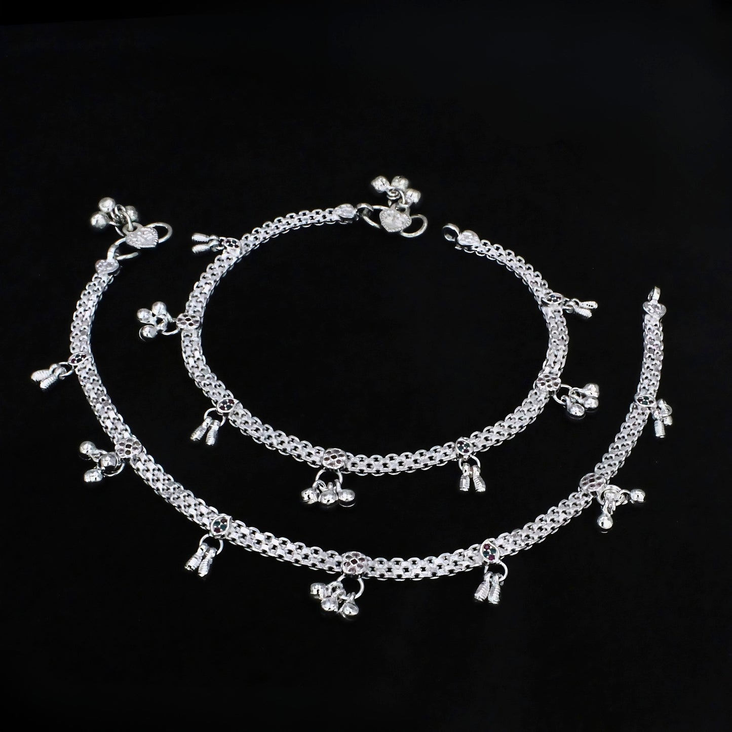 Real Silver Multi CZ Anklet Payal with Ghungroos