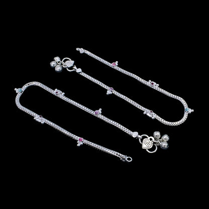 Elegant Real Silver Pink CZ Drop Beads Anklet Payal for Women