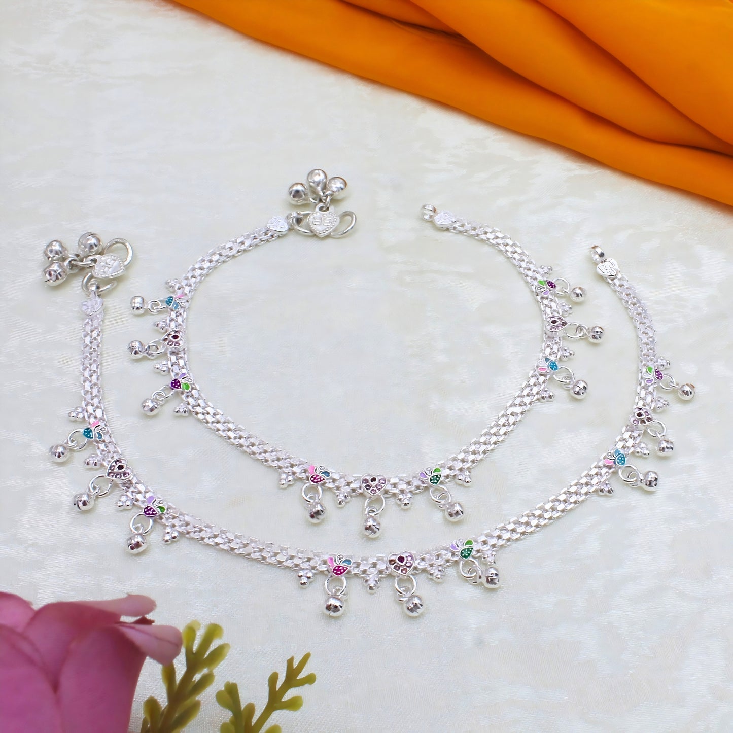 Real Silver Women Anklet - Ghungroo Payal with Meenakari Work