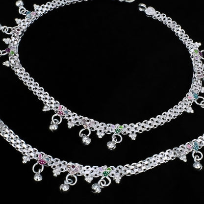 Real Silver Women Anklet - Ghungroo Payal with Meenakari Work
