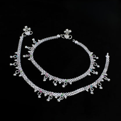 Real Silver Women Anklet - Ghungroo Payal with Meenakari Work