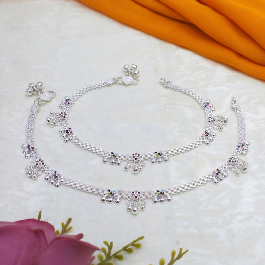 Traditional Real Silver Pink CZ Women Bridal Anklet - 10.5 inch Payal