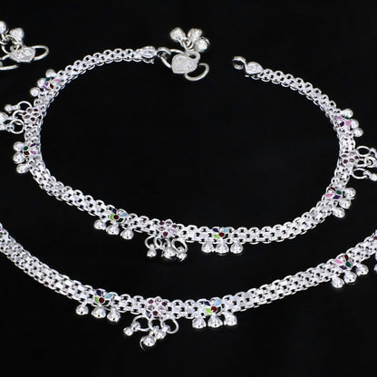 Traditional Real Silver Pink CZ Women Bridal Anklet - 10.5 inch Payal