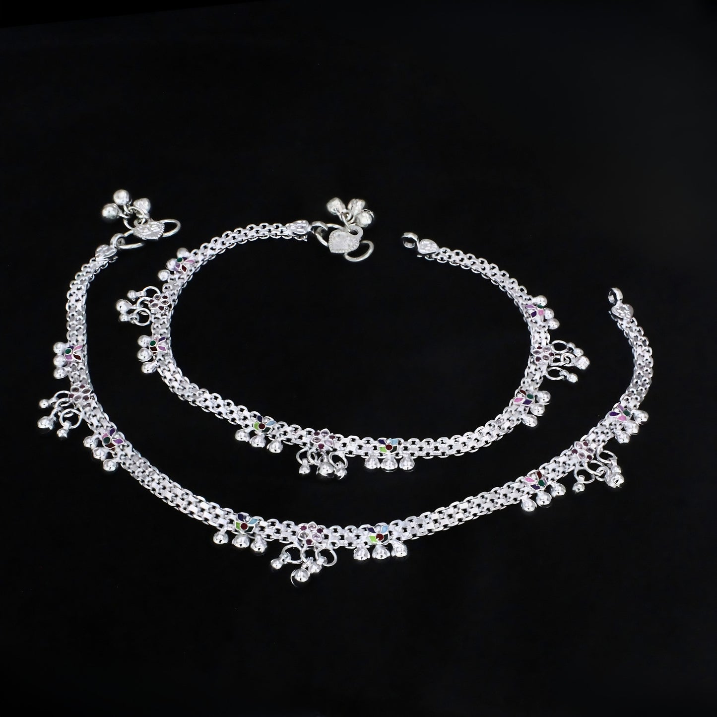 Traditional Real Silver Pink CZ Women Bridal Anklet - 10.5 inch Payal