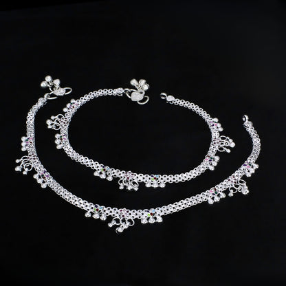 Traditional Real Silver Pink CZ Women Bridal Anklet - 10.5 inch Payal