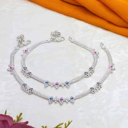 Real Silver Blue Pink  CZ Women Anklet - Meenakari Silver Payal